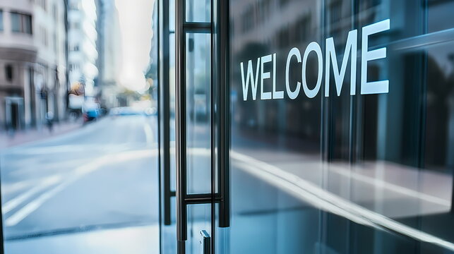 Welcome sign on glass door of modern building