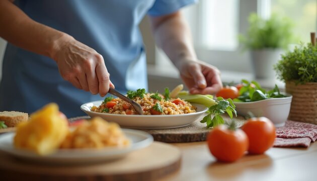 Caregiver prepares meal for elderly person. Healthy eating, nutrition support for seniors. Close-up shot of food on table with tomatoes, fresh basil, green salad, porridge, vegetables.