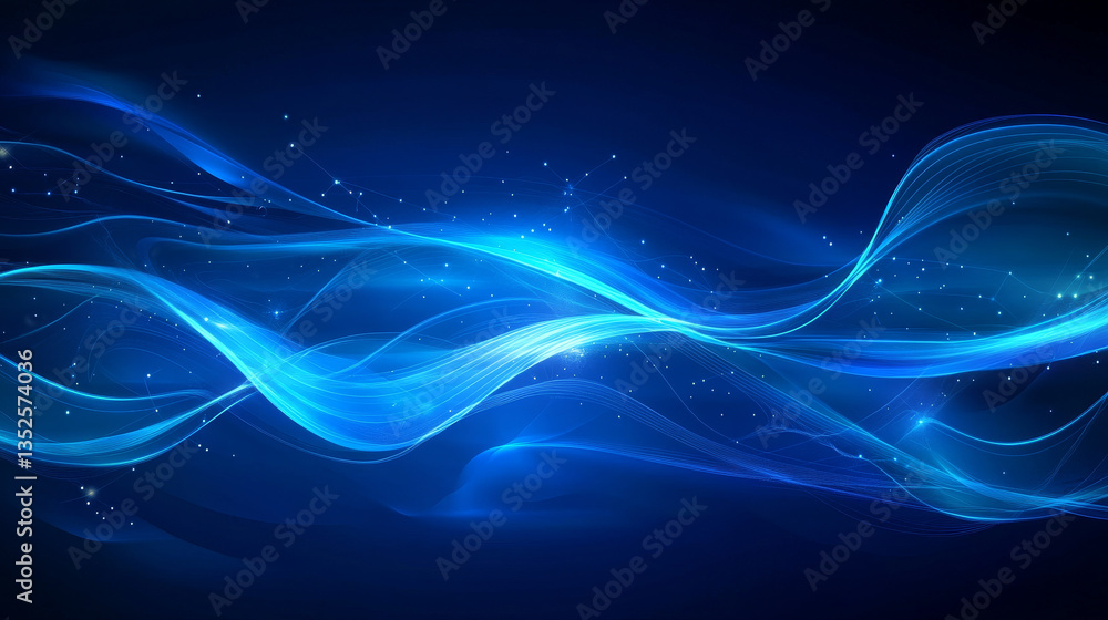 Poster digital cyberspace futuristic, blue color particles wave flowing with bokeh and light, lines and dot