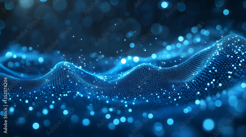 Poster digital cyberspace futuristic, blue color particles wave flowing with bokeh and light, lines and dot