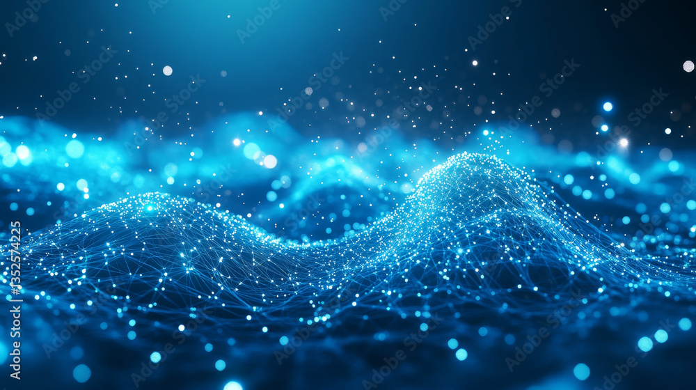Poster digital cyberspace futuristic, blue color particles wave flowing with bokeh and light, lines and dot