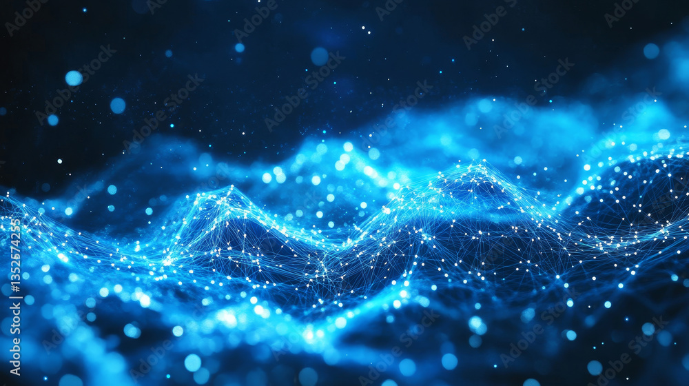 Poster digital cyberspace futuristic, blue color particles wave flowing with bokeh and light, lines and dot