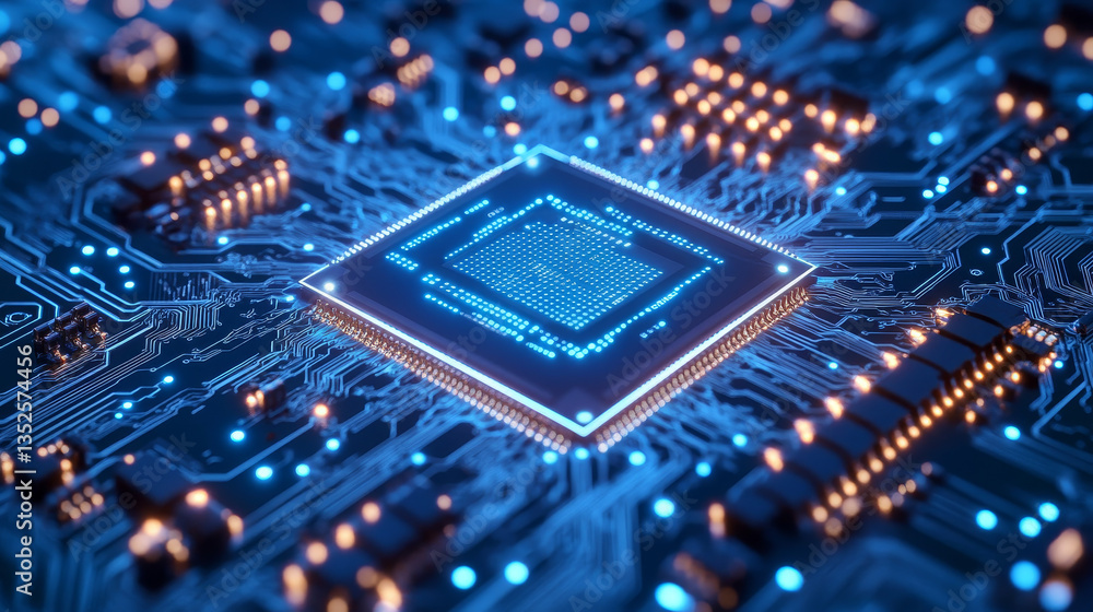 Poster ai chip on a futuristic, blue-light circuit board, represents advanced artificial intelligence and d