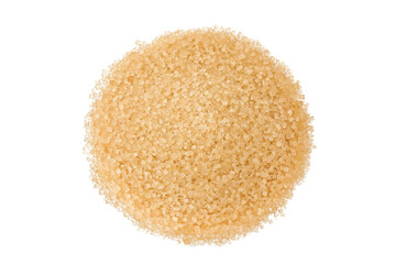 pile of brown granulated sugar isolated on white background. Top view, flat lay