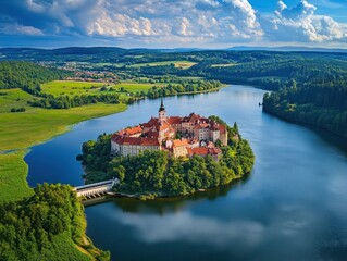 Obraz premium A picturesque island castle surrounded by vibrant water and greenery