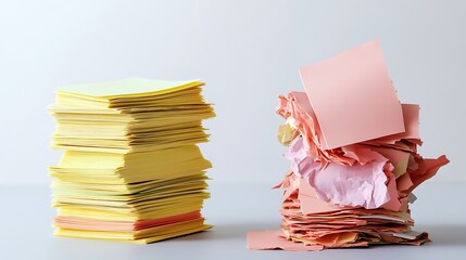 A fresh stack of sticky notes on the left, a crumpled torn stack on the right, strong contrast, white background.
