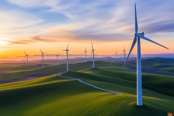 Wind turbines stand on grassy hills beneath a colorful sunset
