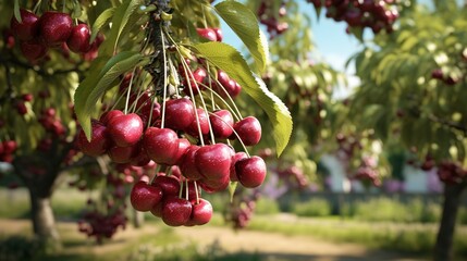 A photo of a vibrant organic cherry orchard