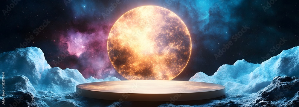 Poster a floating podium made of cosmic dust, glowing softly in a deep-space nebula background