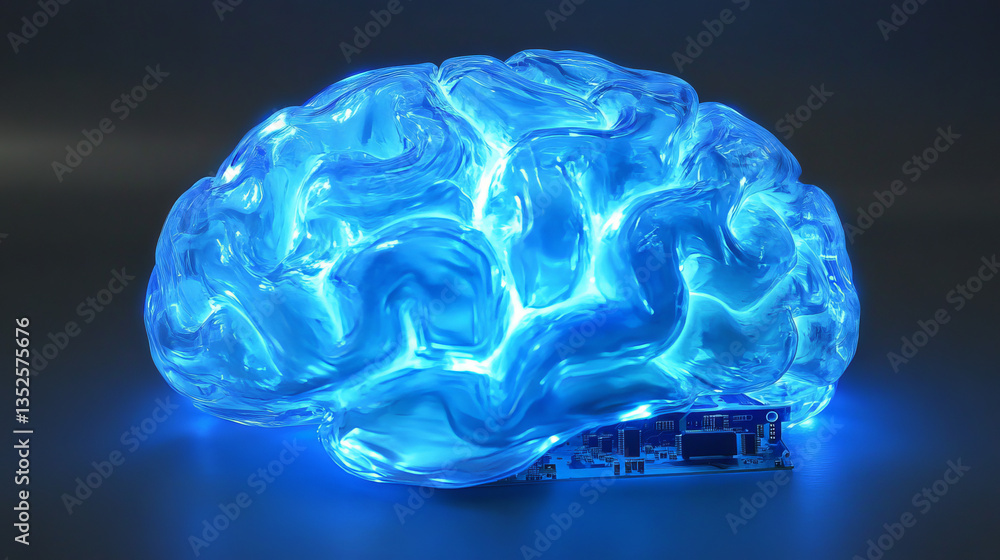 Poster futuristic ai chip with a brain-shaped circuit design glowing on a high-tech blue circuit board, art
