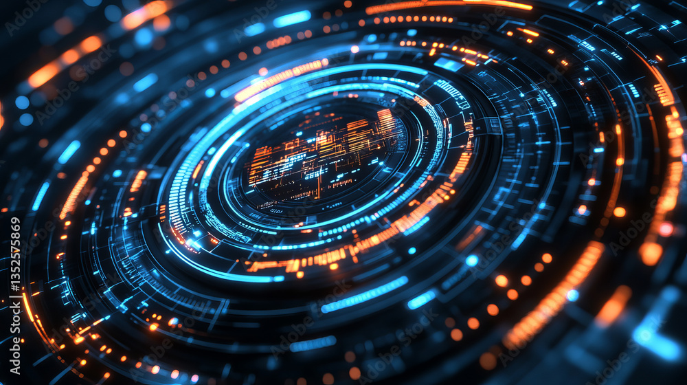 Poster high-tech circular digital interface with futuristic holographic design in dark background, concept 
