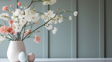 Vase with a bunch of white and pink flowers in it. the vase is white and has a round shape with a narrow neck.