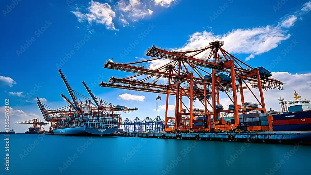 Poster multiple port cranes working simultaneously, creating an intricate dance of steel and cables over th