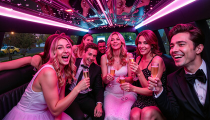 Cheerful teens celebrating prom night in a luxurious limo, joyful youth