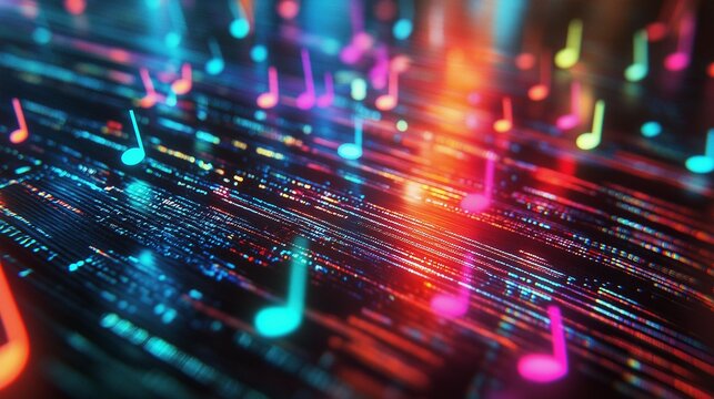 Fototapeta AI generator image of futuristic looking Computer Picture from the front, with many colorful music notes