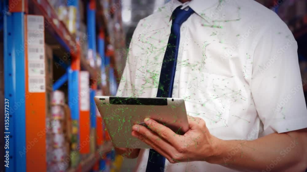 Aufkleber warehouse worker using tablet with green data processing animation overlay