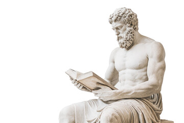 A marble statue of a bearded philosopher, muscular and seated, deeply engrossed in reading a book, symbolizing wisdom, knowledge, and intellectual reflection.