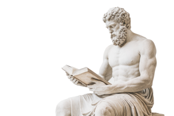 A marble statue of a bearded philosopher, muscular and seated, deeply engrossed in reading a book, symbolizing wisdom, knowledge, and intellectual reflection.