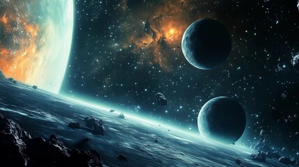 A space scene with two planets and a lot of debris. The planets are small and the debris is scattered all over the scene. Scene is one of chaos and destruction, as the debris is constantly falling