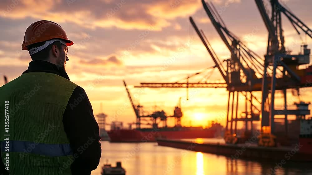 Poster a dock worker standing next to a massive port crane, dwarfed by its immense mechanical structure.