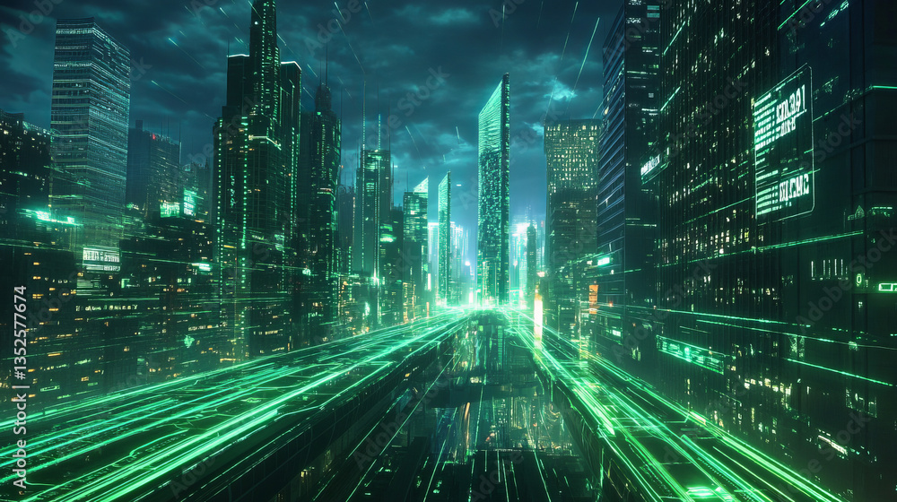 Poster digital cityscape abstract background, abstract visualization of a cityscape rendered in neon green 