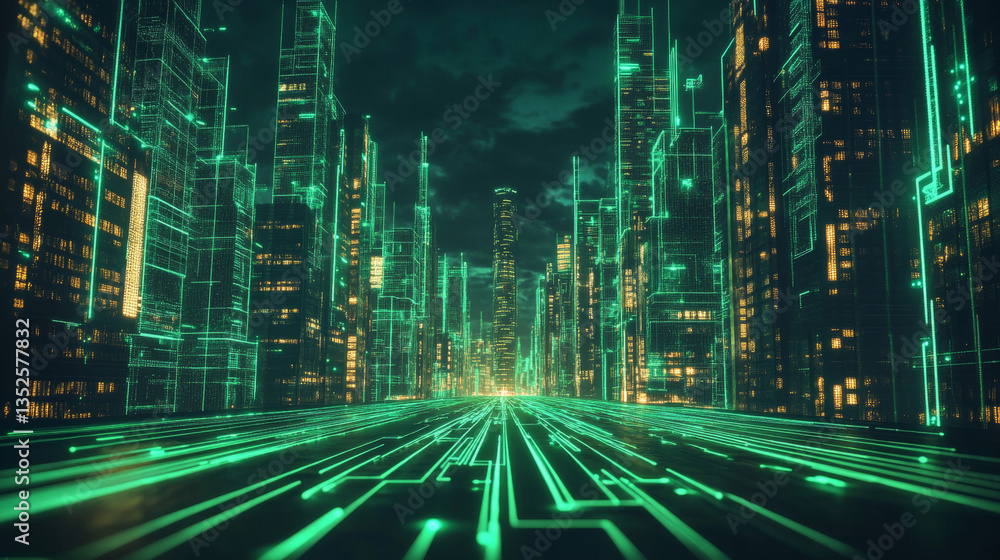 Poster digital cityscape abstract background, abstract visualization of a cityscape rendered in neon green 