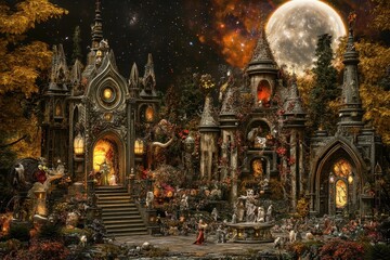 A fantasy castle complex under the light of the night sky