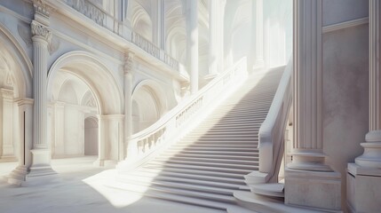 Obraz premium A white building with a staircase leading up to it. The staircase is very long and narrow. The building is empty and the staircase is the only thing visible