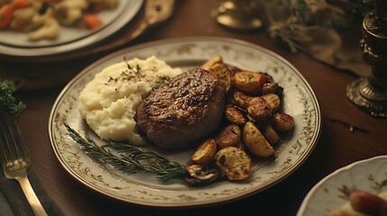 A gourmet meal featuring a perfectly cooked cut of meat, creamy mashed potatoes, and a colorful mix of roasted vegetables.

