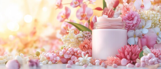 Obraz na płótnie Canvas AI generator image of glass jar of botanical skincare cream placed among exotic flowers like orchids and jasmine. Warm golden hour lighting with natural sun flares. Vibrant colors