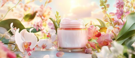 Fototapeta na wymiar AI generator image of glass jar of botanical skincare cream placed among exotic flowers like orchids and jasmine. Warm golden hour lighting with natural sun flares. Vibrant colors