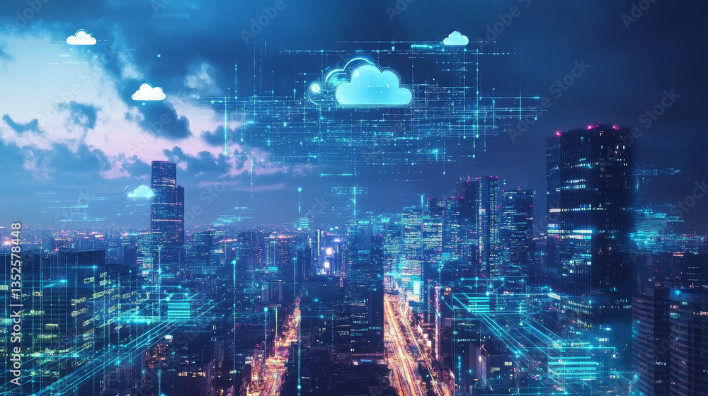 Poster digital city of cybersecurity digital data of futuristic and technology of the internet and big data