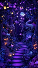 A magical forest path illuminated with purple and glowing lights