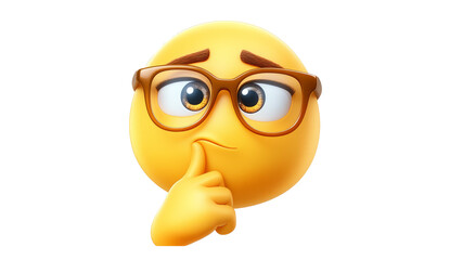 A yellow emoji with glasses, a slightly worried expression, and its finger to its lip in a "shushing" gesture on a white background.