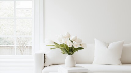White living room with a large window on the left side. the window has white frames and is letting in natural light.