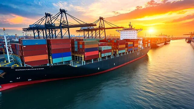 A fleet of cargo ships anchored at a congested port, illustrating delays and disruptions in the supply chain.