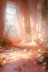 A bright room with soft curtains and floral decorations