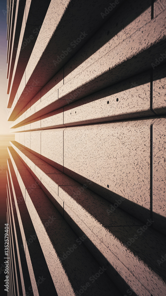Aufkleber Beige textured wall with horizontal lines, creating a geometric pattern illuminated by sunlight, showcasing architectural design and modern aesthetics, suitable for background use