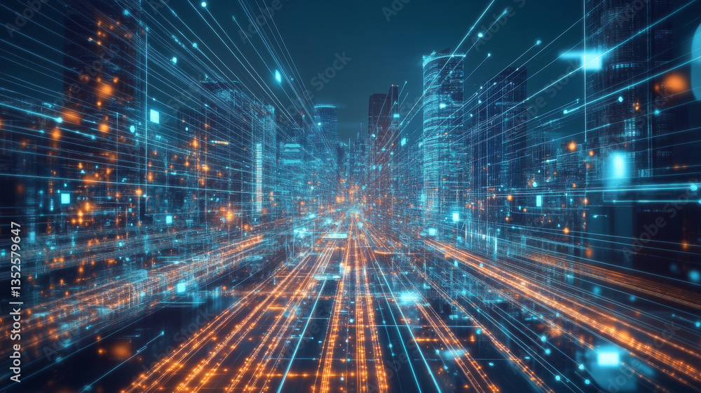Poster the smart city of cyberspace and metaverse digital data of futuristic and technology, internet and b