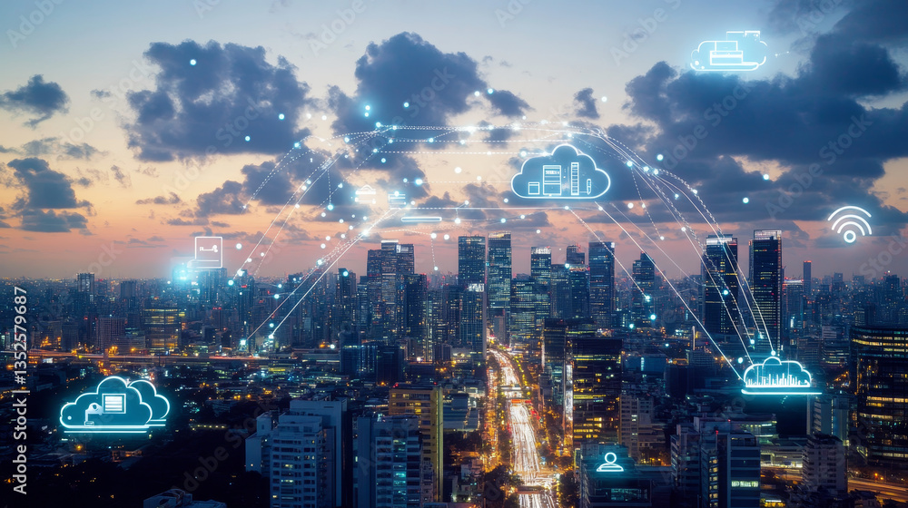 Poster the smart city of cyberspace and metaverse digital data of futuristic and technology, internet and b