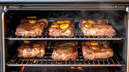 Grilled steaks on racks. Six thick steaks being cooked with visible fire