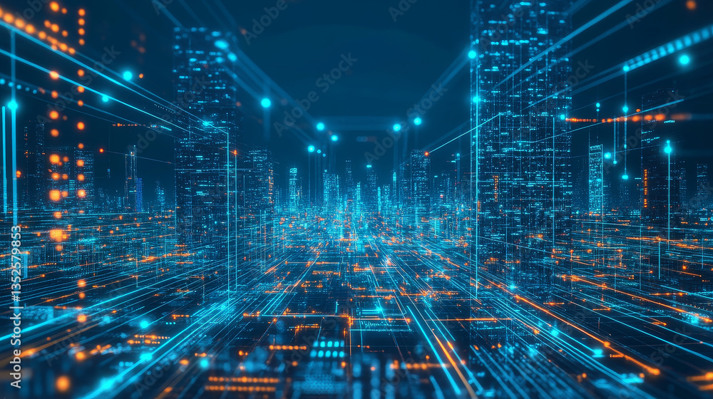 Poster digital city, digital cyberspace with particles and digital data network connections, 5g high-speed 