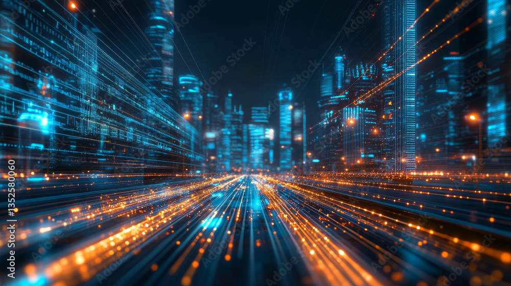 Poster digital city, digital cyberspace with particles and digital data network connections, 5g high-speed 