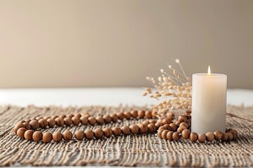 clean tabletop with prayer beads and candle