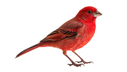 Red bird with striking black markings on wings and tail, small pointed beak, standing on white background, facing right, sleek feather texture.
