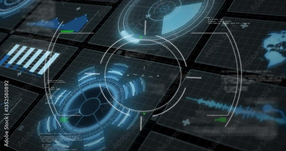 Poster animation of futuristic digital interface with circular graphs in school setting