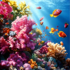 Obraz premium Vibrant Fiji Reef Seascape - Underwater paradise, colorful coral reef, diverse marine life, tropical fish, ocean beauty. Symbolizes serenity, abundance, vibrant life, underwater wonder