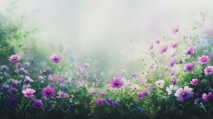 Obraz premium A vibrant field of purple and pink flowers in a soft, dreamy background.