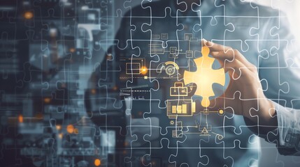 Start your own business inspiration A startup founder holding a glowing puzzle piece, fitting it into a giant success blueprint, symbolizing strategic growth