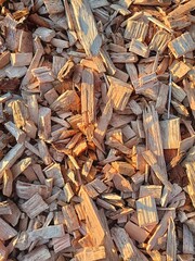 Wood chip background. Timber texture. Mulching.